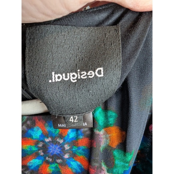 Desigual Navy Asymmetric Chiffon Dress 42 Artsy Boho Geometric Floral Watercolor - Picture 11 of 16